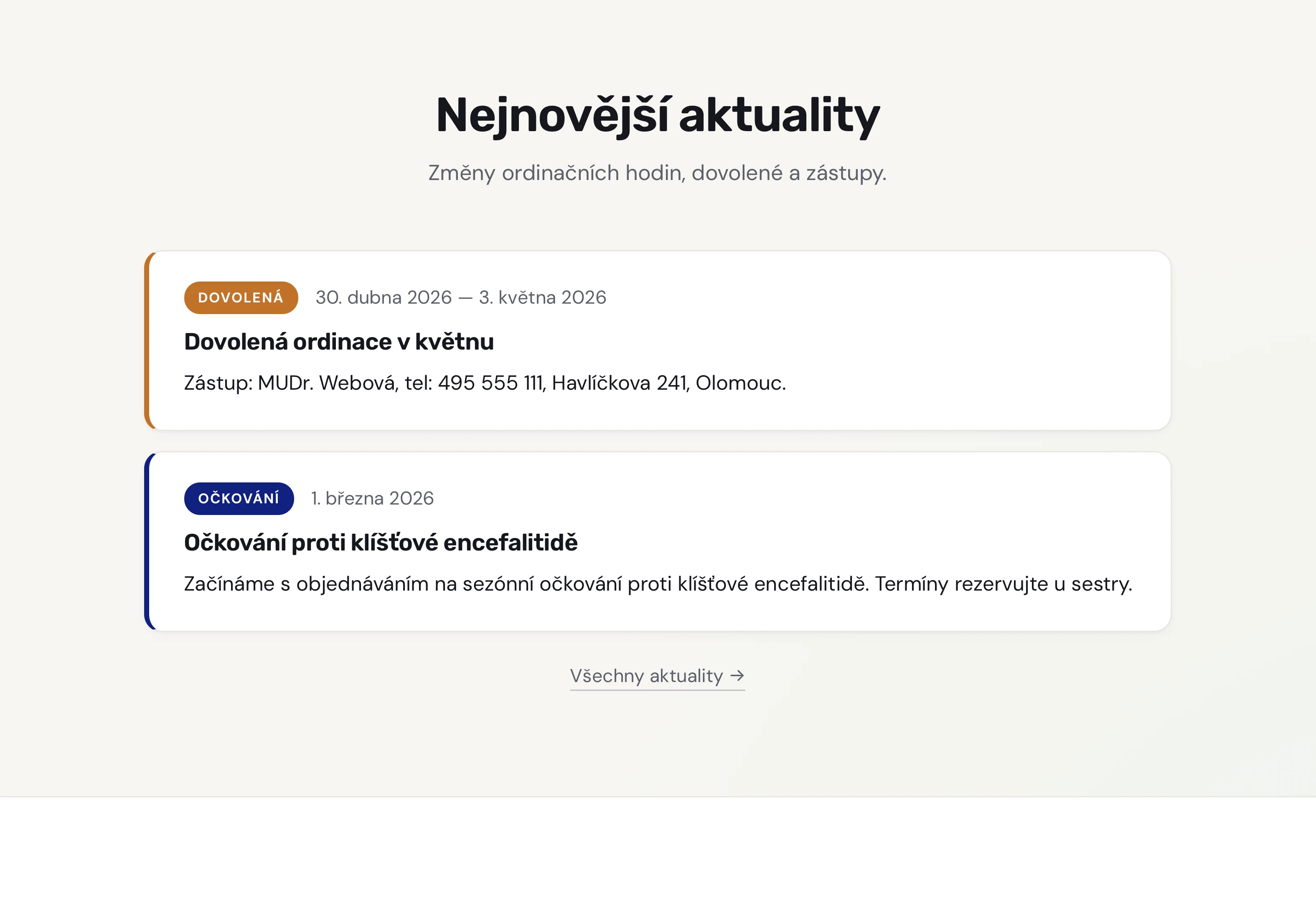 Náhľad sekcie Dovolenky a zástupy v reálnom webe ordinácie