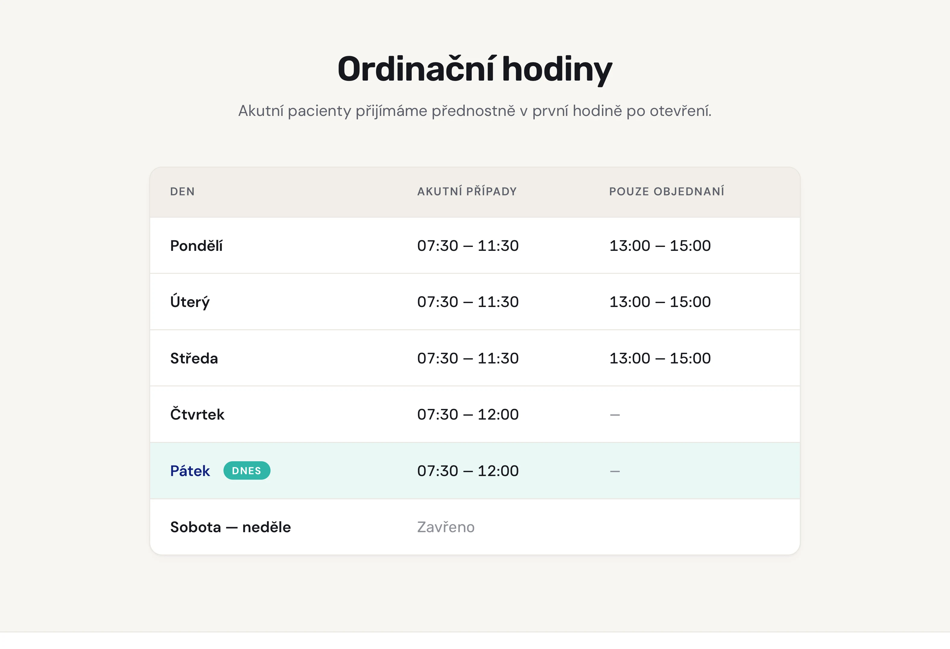 Náhľad sekcie Ordinačné hodiny v reálnom webe ordinácie